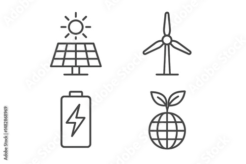 Renewable energy sources represented by solar panels, wind turbines, batteries, and eco-friendly symbols at a sustainable energy expo
