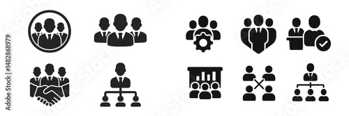 Diverse business team icons showcasing collaboration, management, and organizational structure in a modern workspace setting