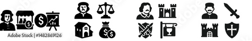 Icons representing finance, law, and medieval themes in a creative graphic design