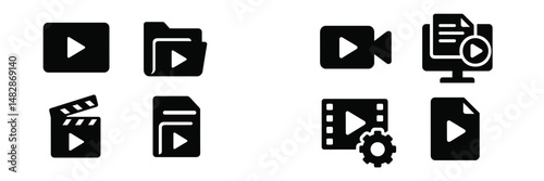 Collection of multimedia icons representing video, files, and editing tools for digital content creation