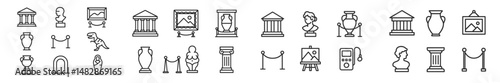 Collection of various museum icons representing art pieces, sculptures, and exhibits in a minimalist style