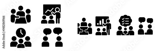 Variety of business meeting icons representing discussions, presentations, and collaboration among coworkers