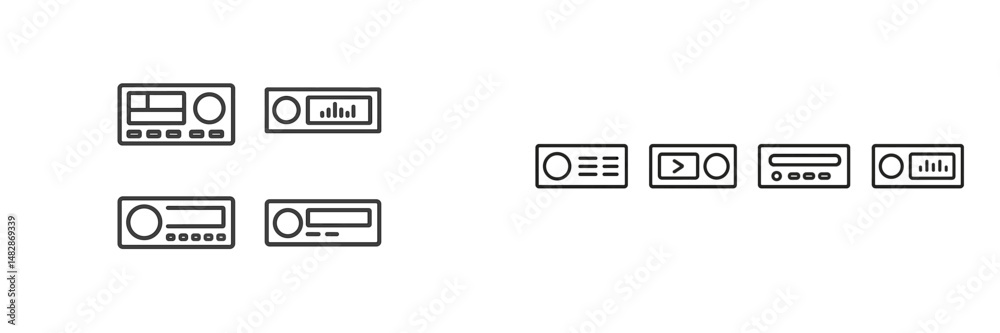 Graphic representation of audio and video equipment controls in a minimalist style, showcasing various functionalities and designs Graphic representation of audio and video equipment controls in a minimalist style, showcasing various functionalities and designs