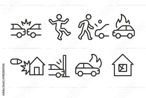 Various icons depicting car accidents, fire, and explosions in different scenarios across urban settings