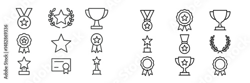 Collection of award icons showcasing medals, trophies, and ribbons in a minimalistic design suitable for various achievements and recognition
