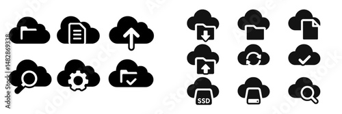 Cloud storage icons representing various features and functions for digital file management and collaboration