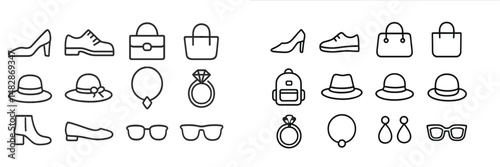 Collection of minimalist fashion accessories displayed in a simple line art style, perfect for design inspiration and fashion branding