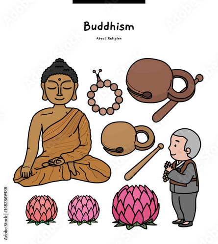 This illustration is about Buddhism. It is a wooden table, a bead, and a lotus used in Buddhas, monks, and temples.