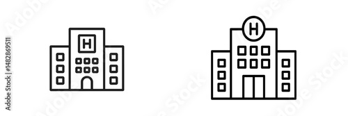 Two illustrations of hospital buildings showcasing different architectural styles and designs in a minimalistic format
