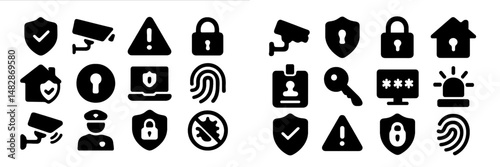 Collection of security icons representing various safety and surveillance concepts in a digital format