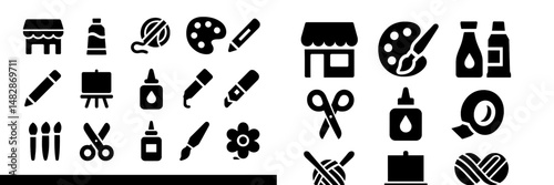 Crafting supplies and tools collection in black silhouettes on a white background for creative projects and artistic endeavors