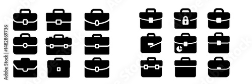 Black and white collection of briefcase icons showcasing different designs and styles for business professionals