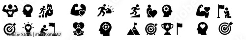 Icons representing various concepts of health, wellness, emotions, and achievements in a modern design layout