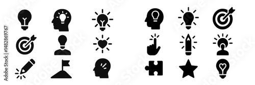 Collection of black icons representing ideas, creativity, and achievements displayed on a white background
