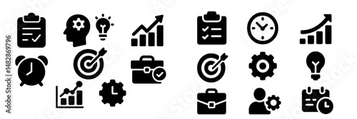 Icons representing business strategy, productivity, and time management focusing on growth and organization processes