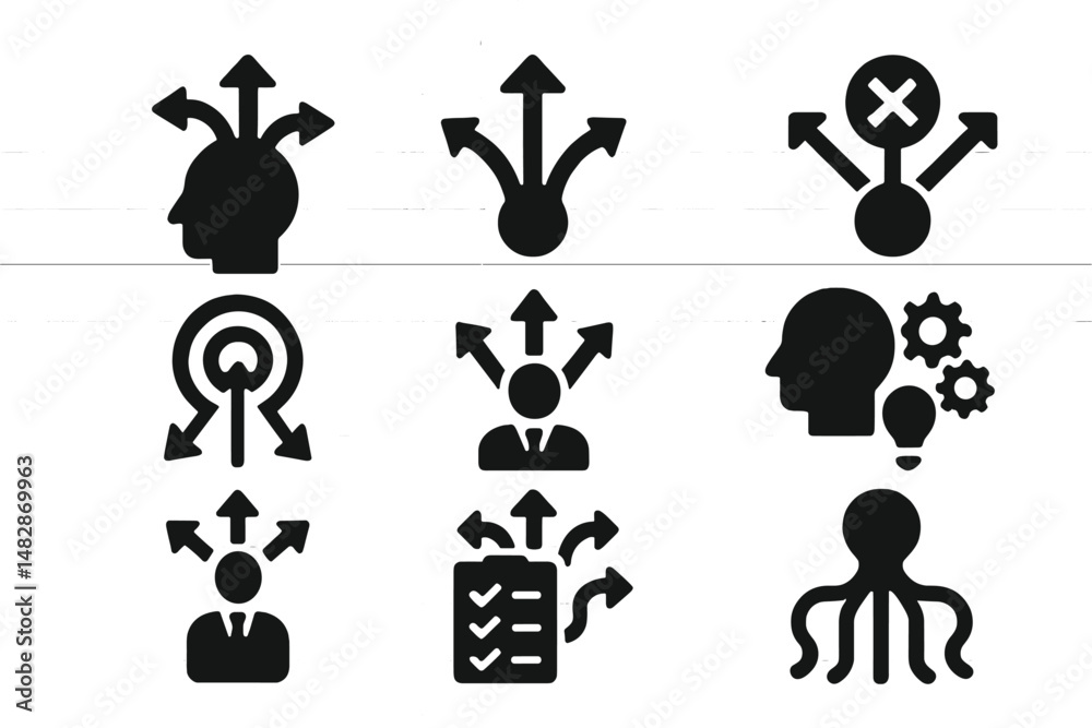 Collection of black icons representing decision making, brainstorming, and strategy concepts on a lined background Collection of black icons representing decision making, brainstorming, and strategy concepts on a lined background