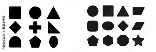Various geometric shapes displayed in black on a white background showcasing different designs and forms for educational purposes