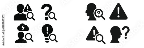 Symbols representing inquiry, caution, and solutions in a minimalistic design