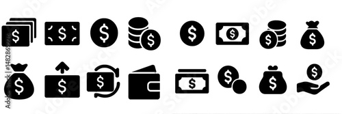 Financial icons representing money management, transactions, and savings solutions in a minimalist style