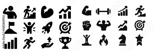 Fitness and motivation icons showcasing various activities and achievements in health and wellness