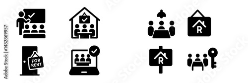Real estate management symbols illustrating rental processes and tenant interactions in a modern context