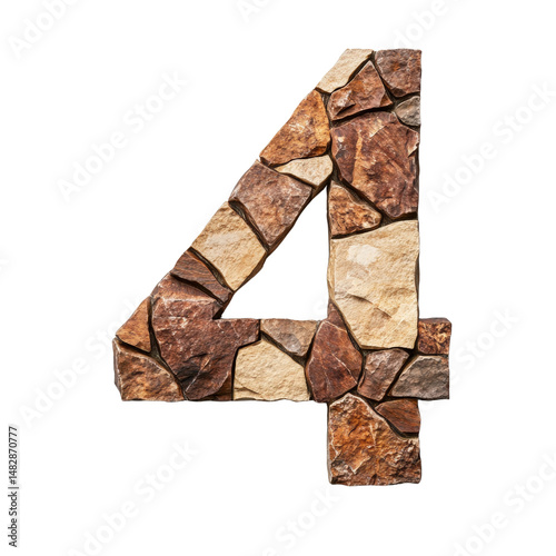 Number four made of irregular natural stone blocks with a rugged textured surface and earthy tones
