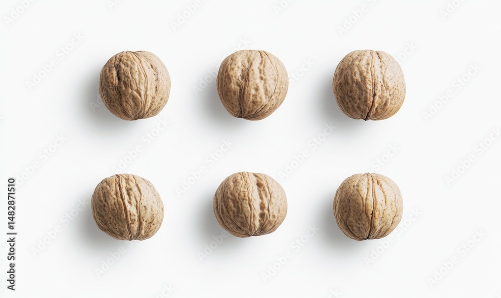 Six Whole Walnuts Arranged on Clean White Background Six Whole Walnuts Arranged on Clean White Background