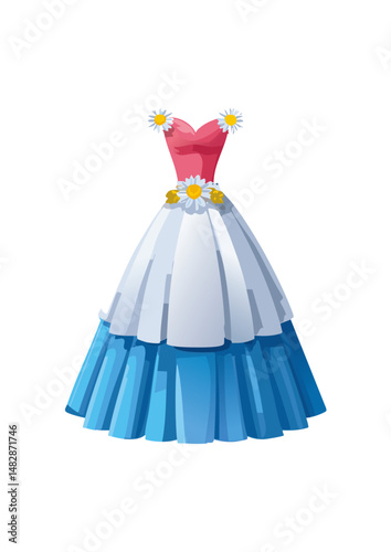 ball gown wedding dress, pink trim, yellow bodice, red lace, clover top.ball gown styles became more diverse, reflecting a wider range of tastes and influences. While traditional, voluminous ball gown