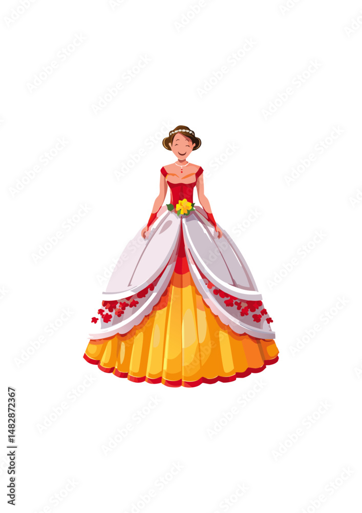 Obraz premium ball gown wedding dress, blue trim, pink and blue bodice, white lace, daisy bodice.all gowns of this period were characterized by their full, bell-shaped skirts, fitted bodices, and elaborate embellis
