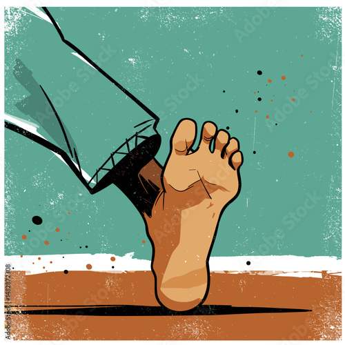 Foot stepping forward in motion with colorful splashes on a textured background