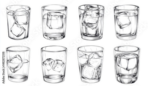 Various Glasses of Water with Ice Cubes in Different Arrangements