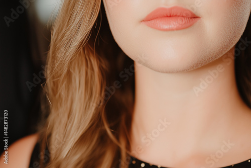 Elegant close-up of a woman's delicate lips and neck. Capturing the grace of a woman with gentle skin, subtle make-up and flowing locks, a symbol of beauty, sensuality and fashion.