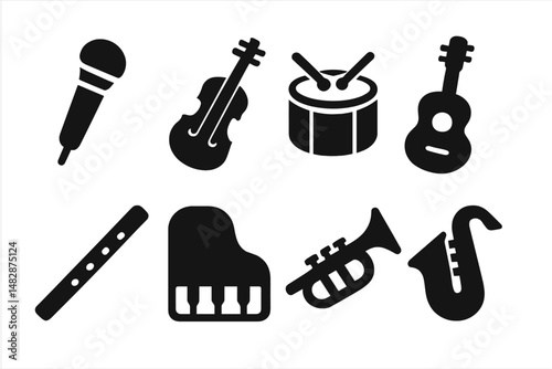 Black musical instrument icons arranged in a clean layout illustrating various types of musical expression and creativity