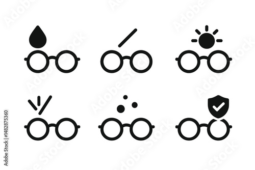 Glasses icons illustrating different features and functions for daily use from protection to style