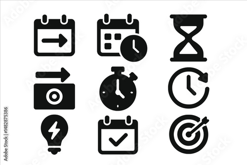 Various time management icons representing schedules, deadlines, timers, and planning activities for efficient productivity