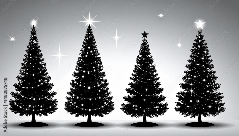 Fototapeta premium Black and White Christmas Tree Silhouette Vector Set with Festive Lights