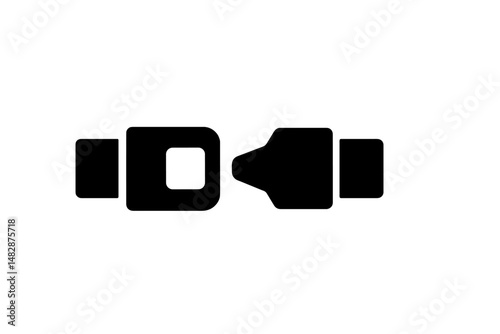 Safety buckle design illustration showing connection and release mechanism in black silhouette on white background