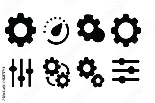 Graphic symbols representing mechanical gears and adjustment sliders in a black and white style