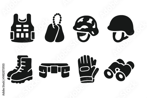 Military gear including vest, helmet, boots, and more arranged on white background
