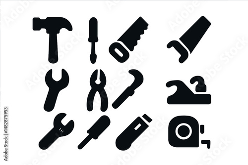 Collection of essential hand tools including hammer, screwdriver, pliers, and tape measure arranged neatly for home improvement projects