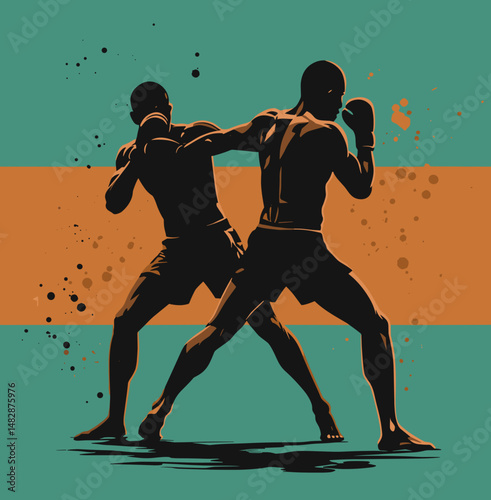 Dynamic boxing scene with two fighters exchanging punches in an artistic style with splashes