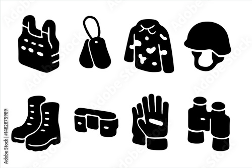 Various military and outdoor gear displayed in a simple black and white design, showcasing clothing and equipment
