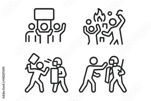 Protesters engage in demonstrations showing various actions and interactions representing social issues and public dissent