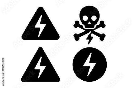 Various symbols representing electrical hazards and warnings in a minimalist design for safety awareness