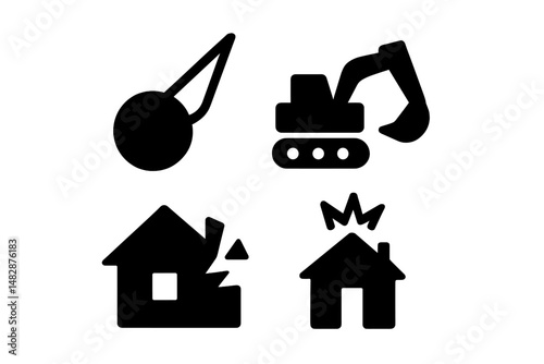 Construction equipment and demolition icons illustrating building destruction and excavation processes