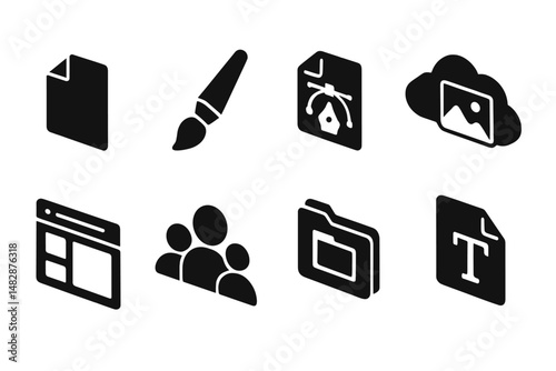 Black and white icons representing various design and digital content creation tools
