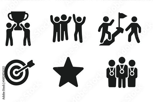 Celebrating teamwork and achievement through icons of success and motivation in a simplified graphic style