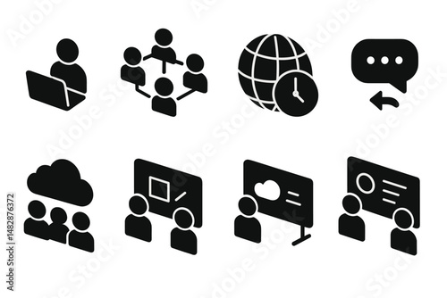 Various icons representing digital communication, collaboration, and online meetings in a modern workspace