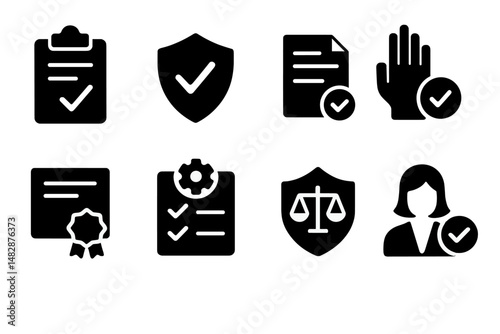 Icons representing compliance, verification, and quality assurance processes in a business setting