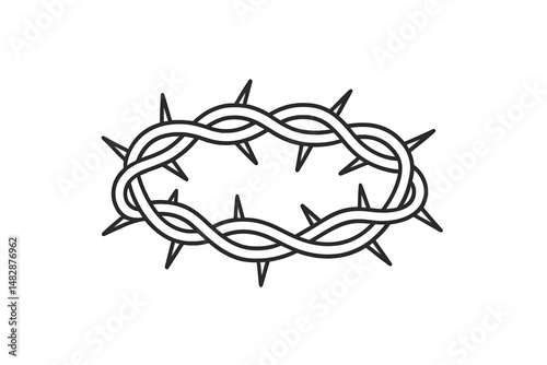 Design of intertwined thorny vines forming an oval shape on a plain background conveying a sense of tension and elegance